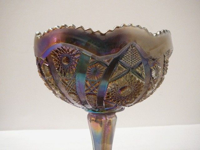 HOBSTAR & ARCHES CARNIVAL GLASS TALL COMPOTE Imperial Iridescent Dark 