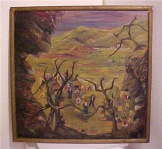 19c Superb Folk Art Gypsy Travelers Encampment Night Camp Oil Painting 