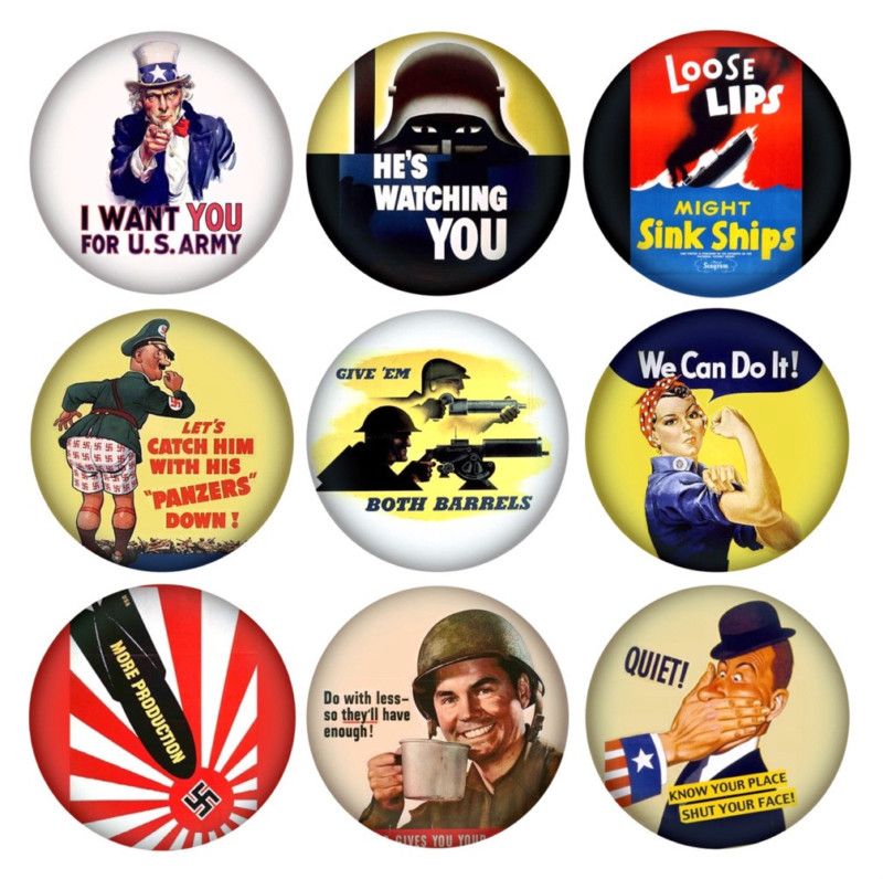 WWII PROPAGANDA BUTTONS   9 PINS   World War 2 Posters  