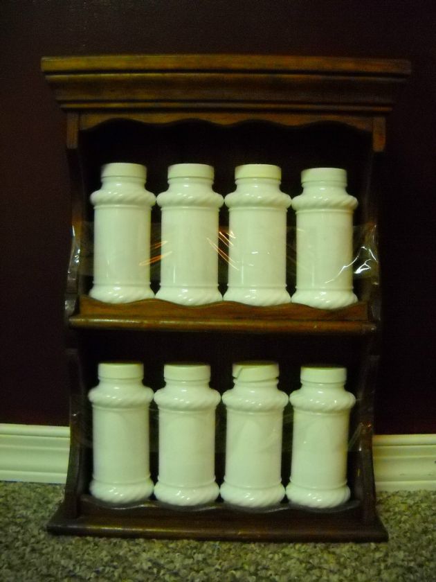 Vintage Pine Wood 8pc Milk Glass Spice Rack Set  