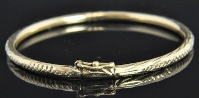   14K Yellow Gold Art Deco Etched Baby Child Bangle Bracelet  