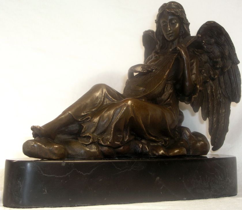 ANGEL PLAYING LUTE WOMAN HEAVEN BRONZE SCULPTURE STATUE  