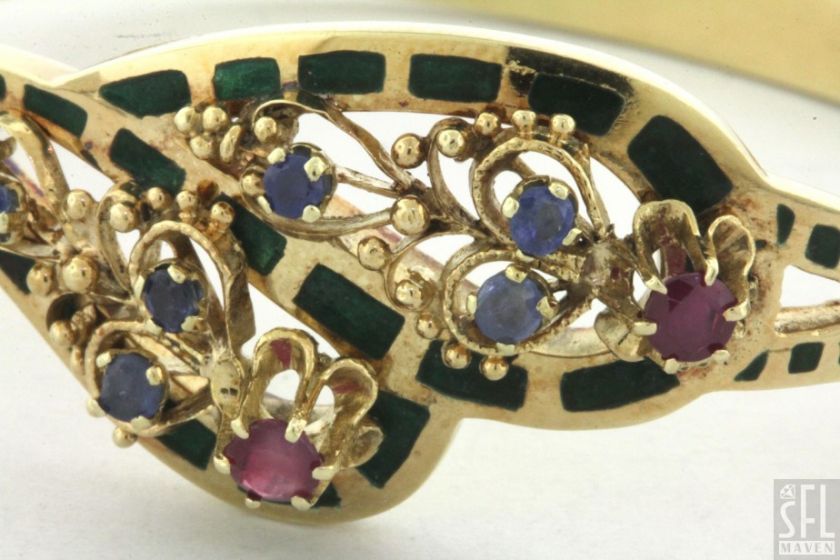   GOLD .60CTW RUBY/SAPPHIRE GREEN ENAMEL HINGED BANGLE BRACELET  