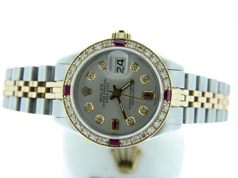 Ladies Rolex Two Tone 18k Gold/Ss Datejust Watch W/Diamonds & Rubies 