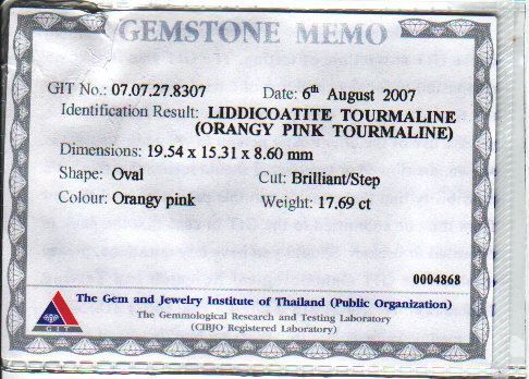 THE CERTIFIED UNHEATED ORANGY PINK TOURMALINE 17.69 CT  