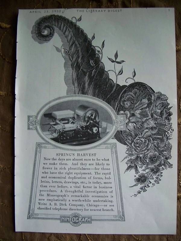 1932 Antique Mimeograph Cornucopia Spring Harvest Ad  