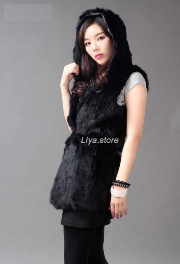   real genuine whole rabbit fur long waistcoat vest coat with hat cap