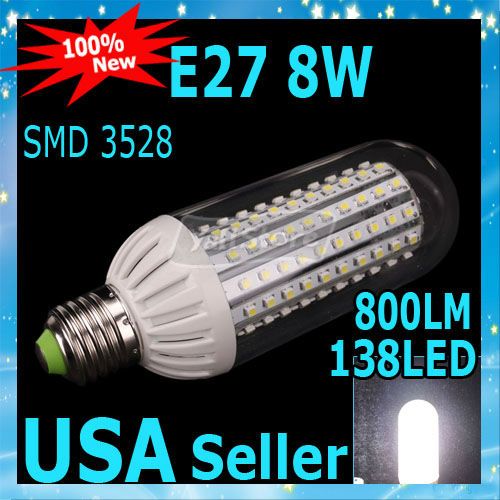 E27 8W 110 250V 800LM SMD3528 138LED White Long type Corn Lamp Light 