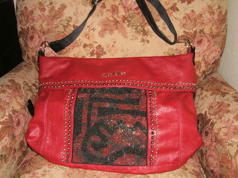 Nicole Lee Red Messenger Bag Handbag, black trim, silver studs 