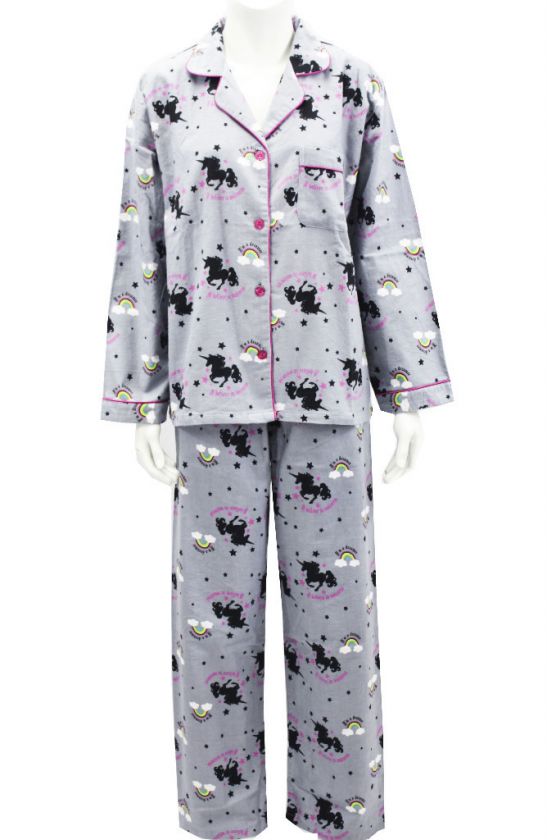 Leisureland Womens Flannel Pajama Set Top Pants Unicorn Rainbow Gray