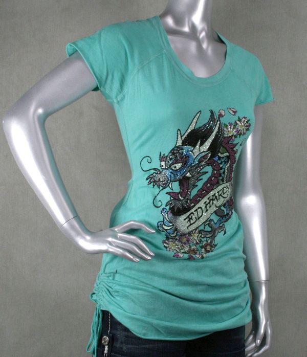 Ed Hardy Platinum Ruched T shirt STONES Dragon ROSE  