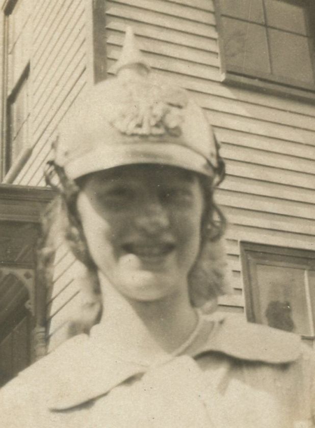 1920s WW1 ERA HELMET YOUNG GIRL FUN UNUSUAL OLD PHOTO  