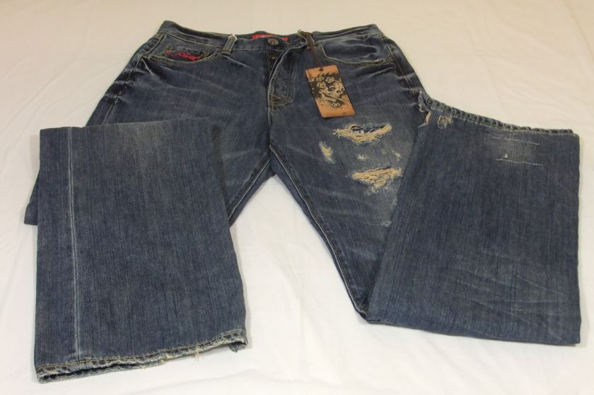 El vintage de pantalones vaqueros de Ed Hardy de hombres a destruyó 