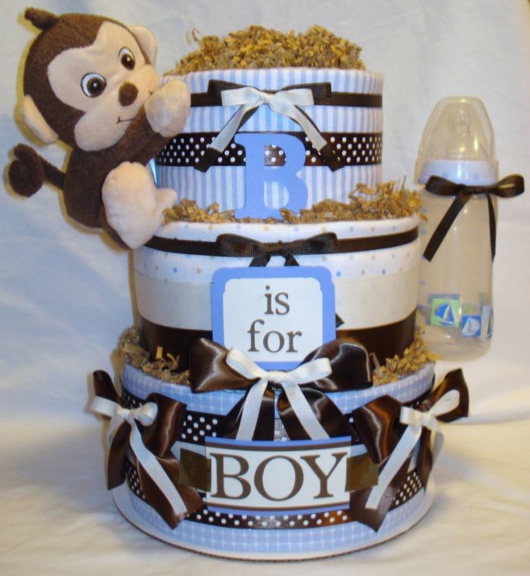 Tier Baby Boy Monkey Diaper Cake Centerpiece  