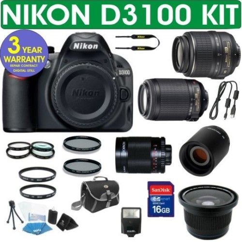 NEW NIKON D3100 DIGITAL SLR CAMERA + 9 LENS DELUXE KIT  