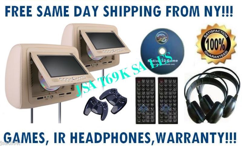 NEW PAIR 7 LCD HEADREST DVD PLAYER MONITOR SCREEN USB  