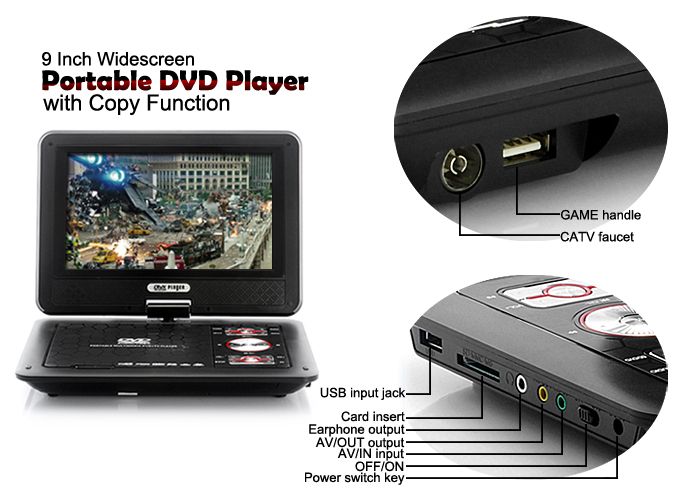 Portable Multimedia DVD Player 9 Widescreen Copy / TV  