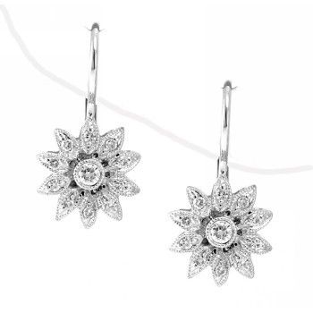 DIAMOND FLORAL HOOPS LEVERBACK EARRINGS 14K WHITE GOLD  