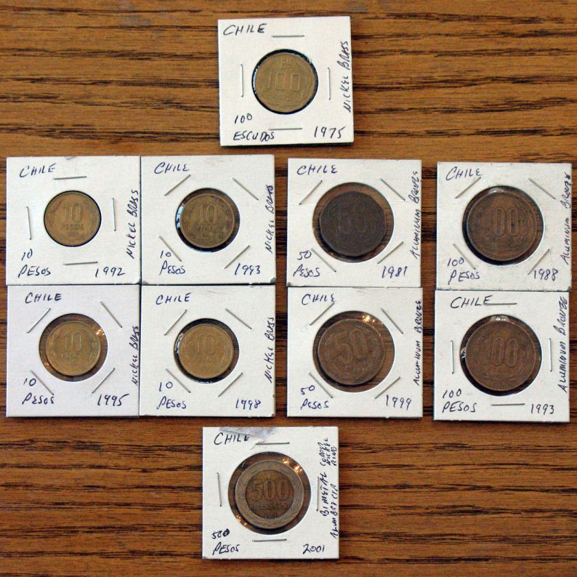 10 NICE OLD COINS FROM CHILE   100 Escudos, 10, 50, 100, 500 Pesos 