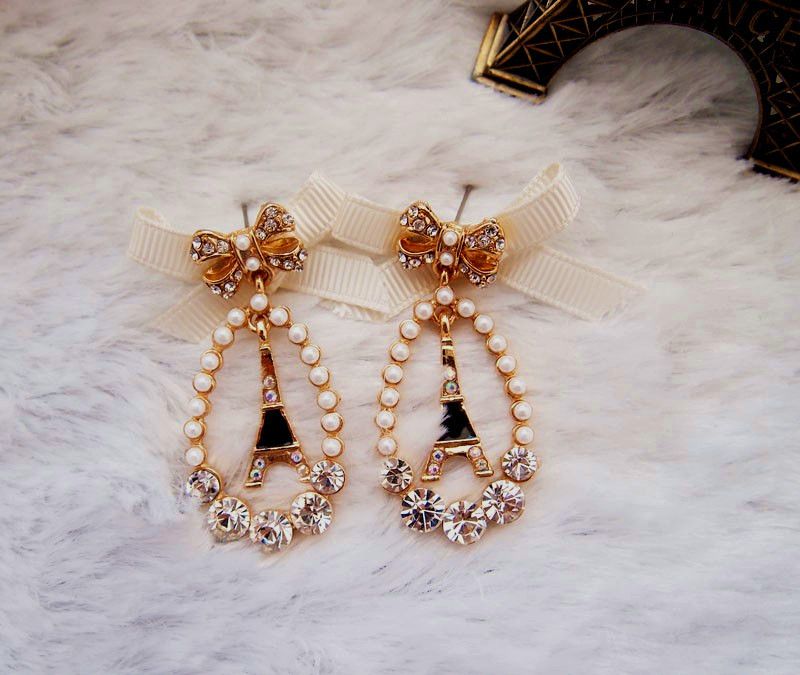   My Princess Tae hee Kim Eiffel Tower Pearl Rhinestone Earrings  