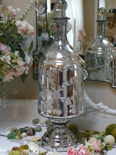 Antiqued Silver Mercury Glass Etched Marco Vase  