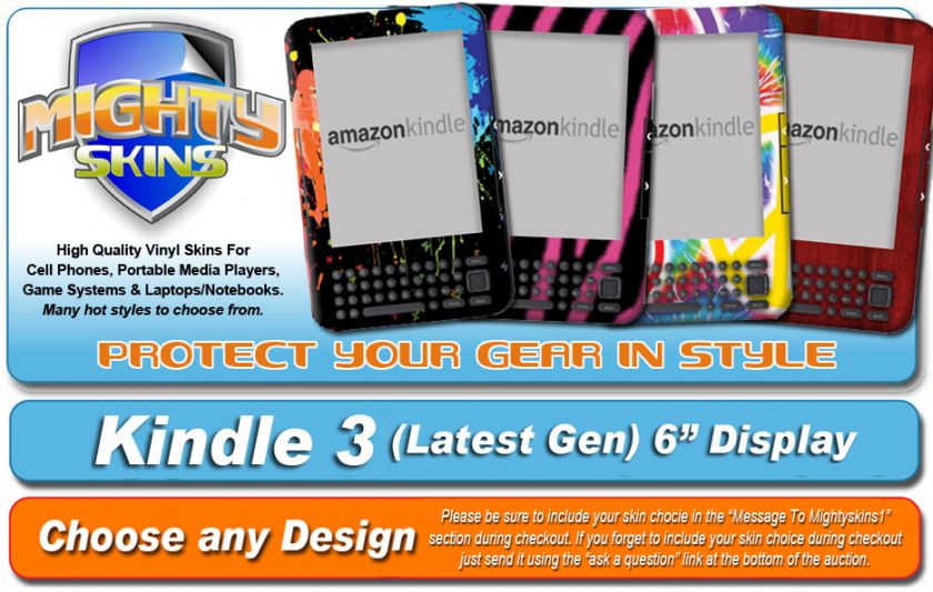 Skin Decal cover for  Kindle 3 ebook reader tablet vinyl case 