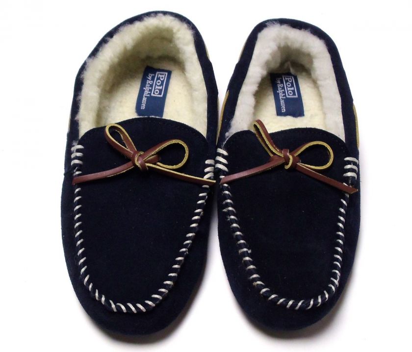 Polo Ralph Lauren Shearling Suede Navy Sheep Leather Tie Slippers 