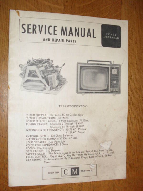 VINTAGE SERVICE MANUAL TV 14 PORTABLE CURTIS MATHES  