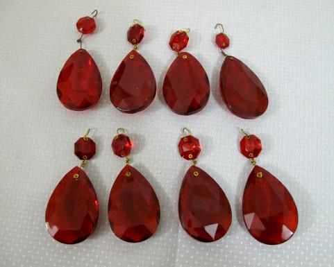 VINTAGE LOT 8 RED CRYSTAL GLASS LAMP/CHANDELIER TEARDROP PRISMS  