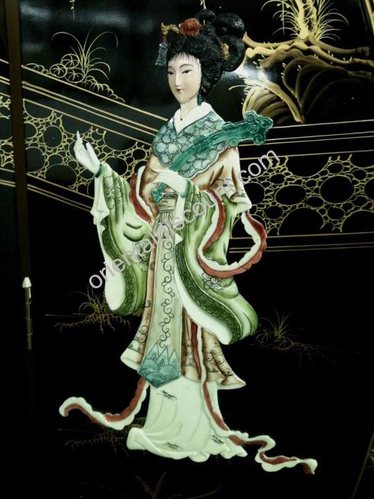   Chinese Asian Lacquer Screen / Room Divider, Dancing Palace Beauties