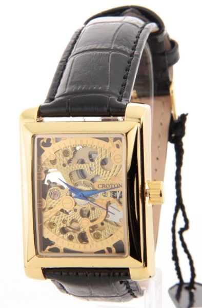 Croton Mens Skeleton AUTOMATIC Gold Rectangle Black Leather Watch 