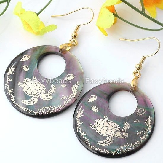 New Black Shell Sea Turtle Dangle Hook Art Earring 2Pcs  