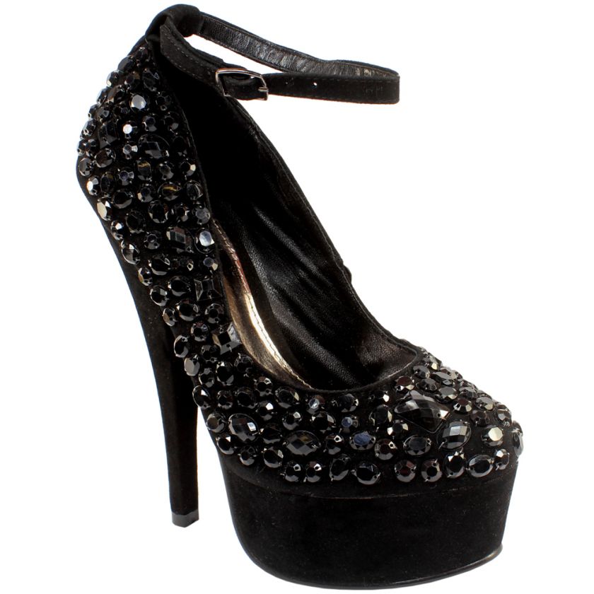   HEEL PLATFORM GEM DIAMANTE ANKLE STRAP BLACK SUEDE SHOES 3 8  