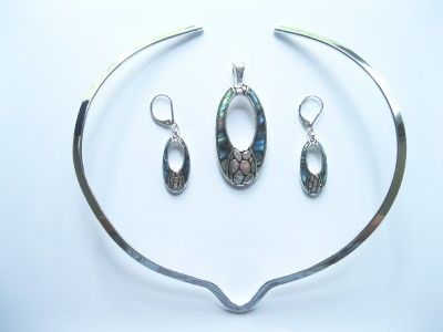 New Oval Circle Silver Abalone Necklace & Earring Set  