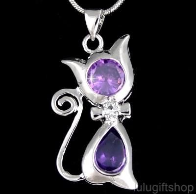 PURPLE CAT KITTY PENDANT NECKLACE USE SWAROVSKI CRYSTAL  