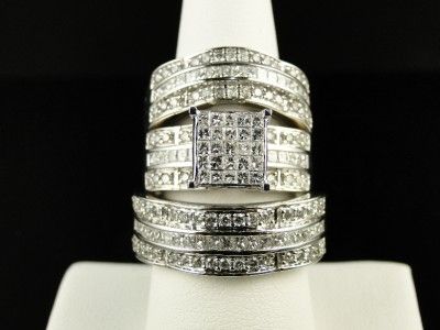   MENS LADIES PRINCESS CUT DIAMOND RING TRIO ENGAGEMENT WEDDING RING SET