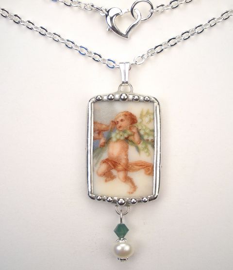 ANTIQUE CUPID CHERUB NECKLACE BROKEN CHINA VTG CHARM JEWELRY BY 