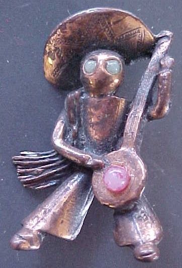 Vintage Copper Mexican Guitar Player Brooch  